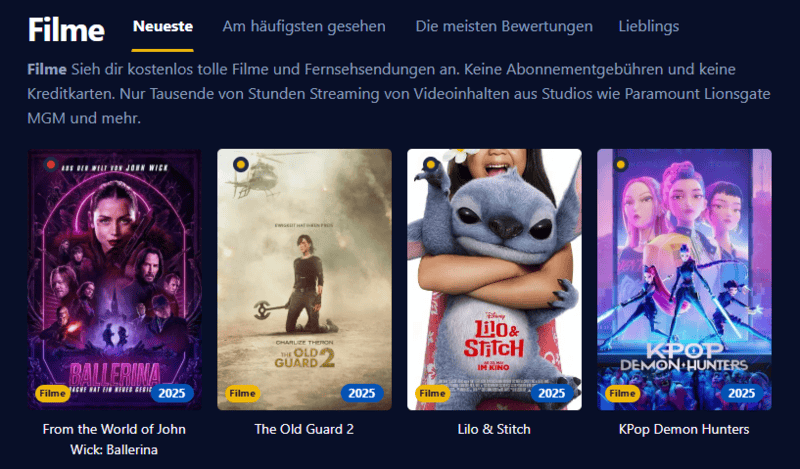 Bildschirmfoto der Filmpalast Oberflaeche mit Filmtiteln und Serienepisoden